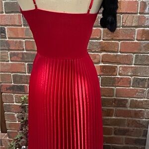 Red Sleeveless Midi Dress with Spaghetti Straps and Pleated Skirt for Cocktail